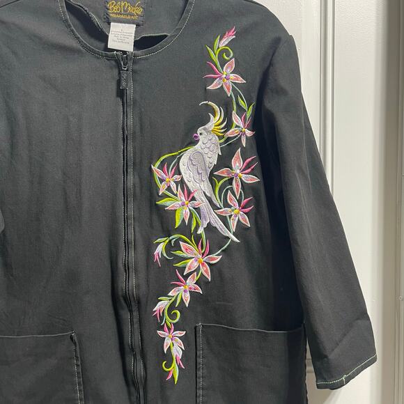 Bob Mackie Emboidered Cockatoo Florals Zip Jacket Artsy Women's Large - Picture 3 of 8